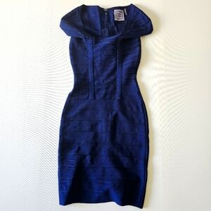 Herve Leger Cap Sleeve Bandage Dress in Navy Blue Medium